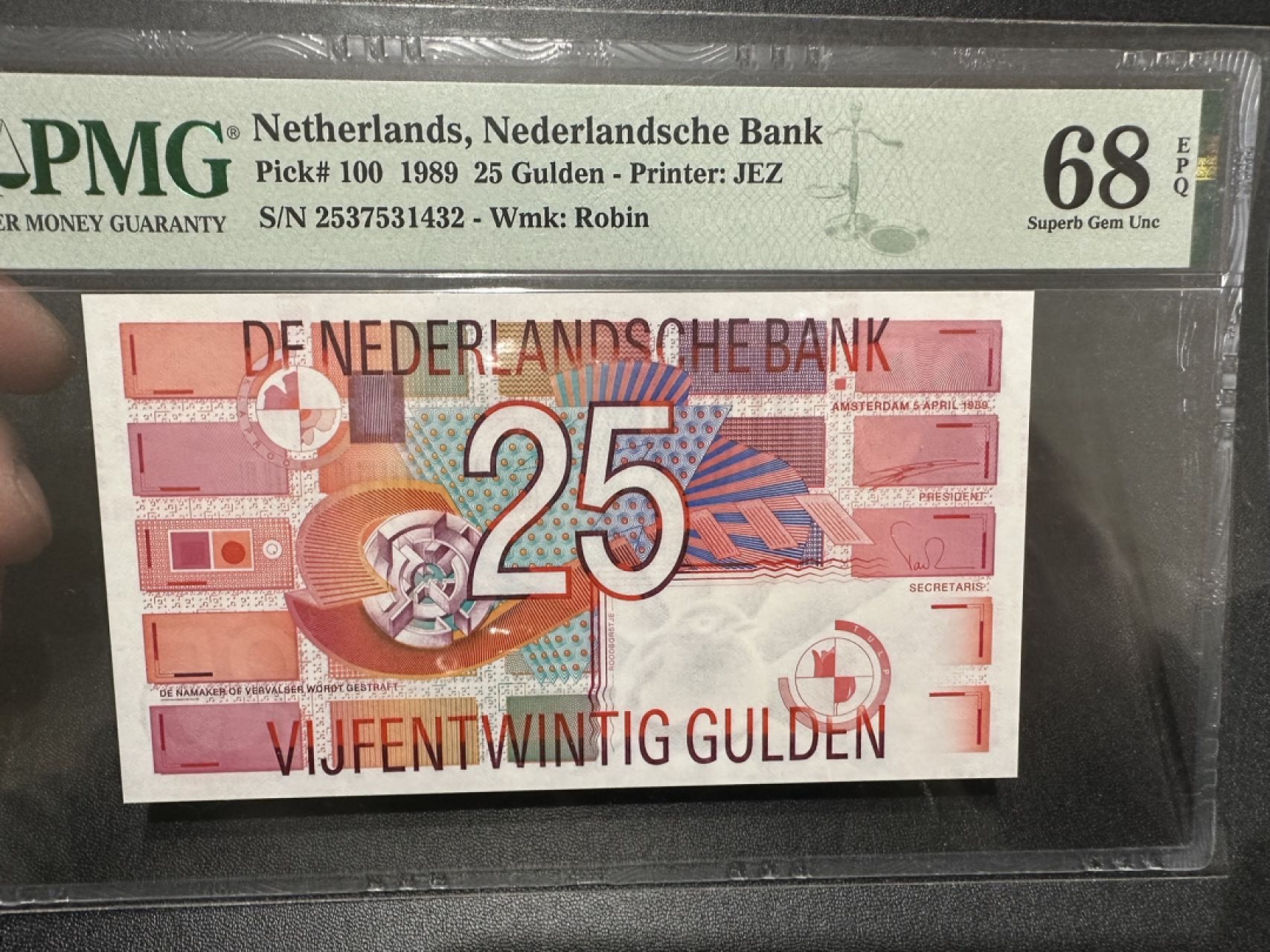 《外钞收藏家》第二百四十期（连拍第三场） 1989年荷兰齿轮版25盾 PMG68