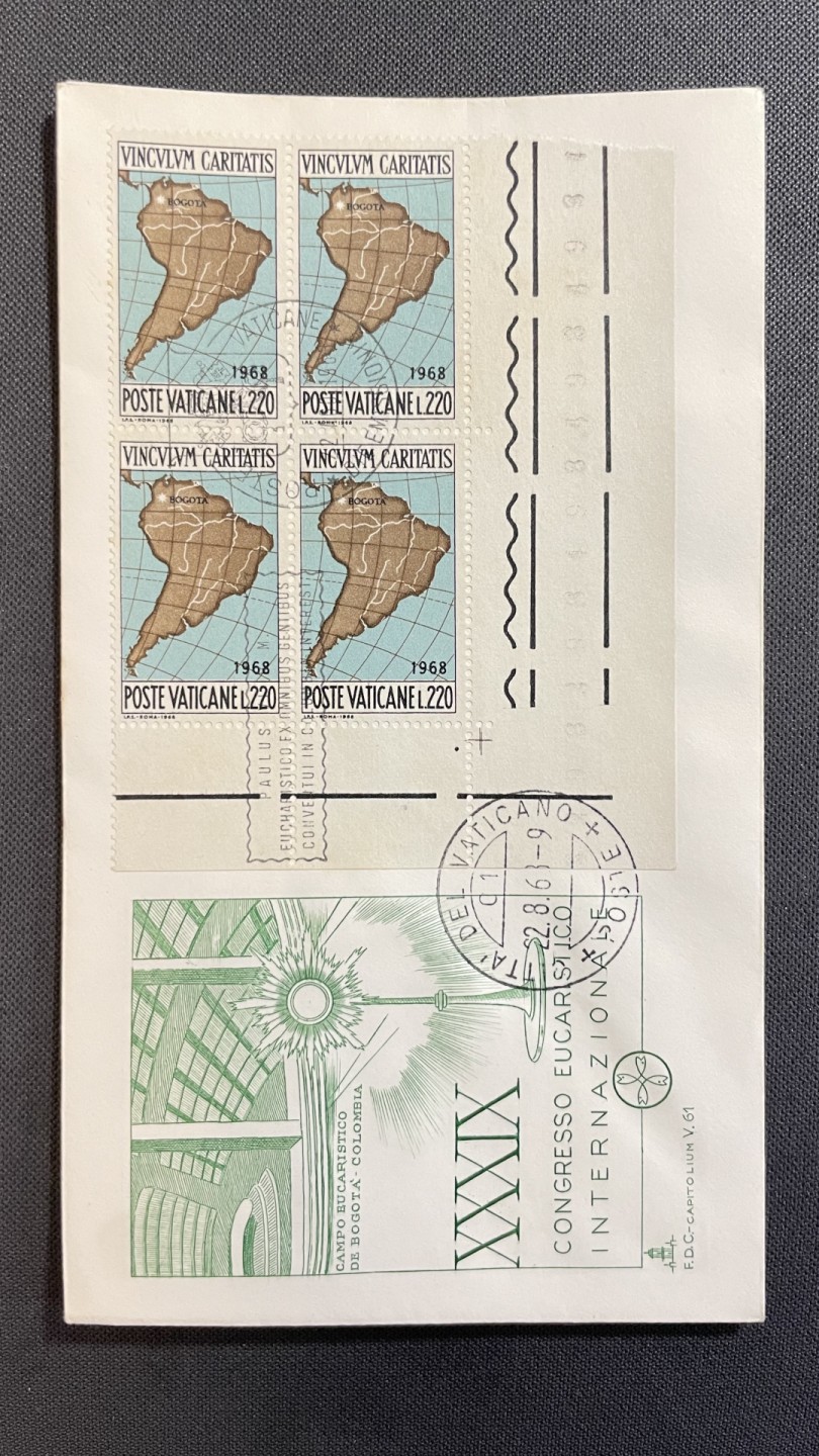 【第35期】莲池国际邮品拍卖 【梵蒂冈】1968 南美国际宗教联合会 套票四方连雕刻版官封