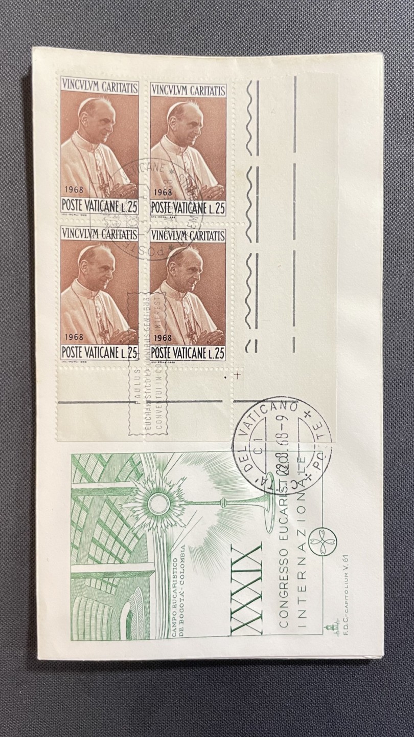 【第35期】莲池国际邮品拍卖 【梵蒂冈】1968 南美国际宗教联合会 套票四方连雕刻版官封