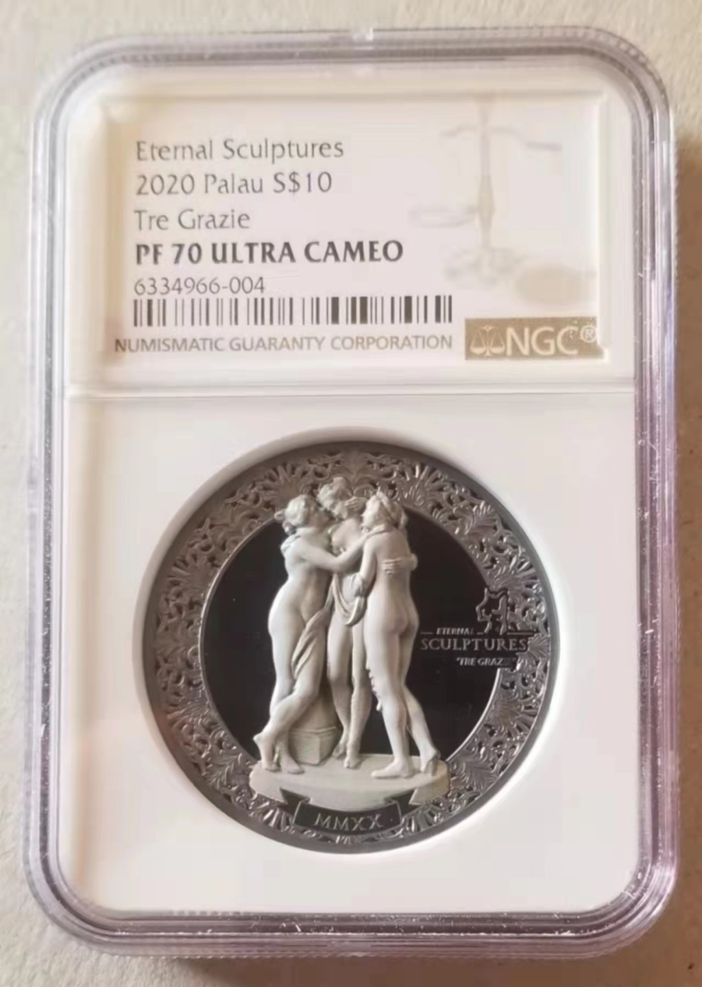 【现货】NGC70帕劳2020年美惠三女神双面高浮雕加厚银币