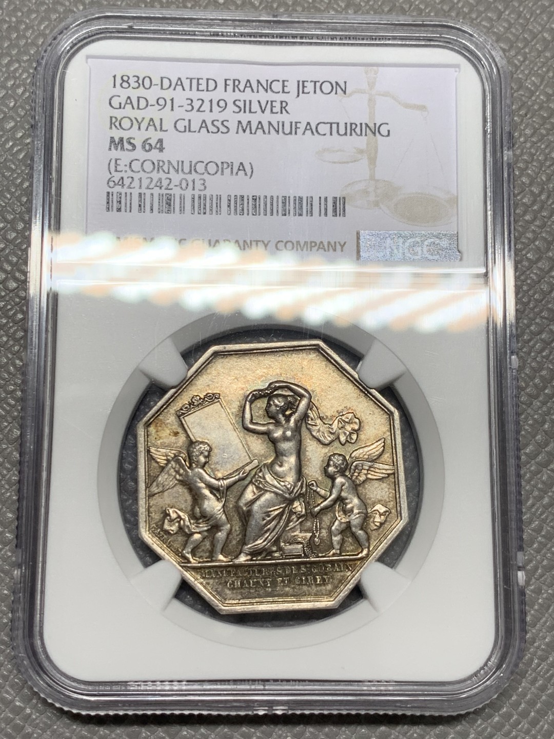 《竞宝斋》第134场-周日，周一连拍 (全场包邮) NGC MS64 法国1830皇家玻璃工坊八角银章 经典魔镜八角，设计精妙，64分少见高分，值得收藏