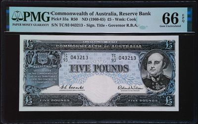 《家喻户晓》世界靓号纸钞第十一期 - 1960-1965年澳大利亚5澳镑 全新品相超级难找 PMG66冠军分
