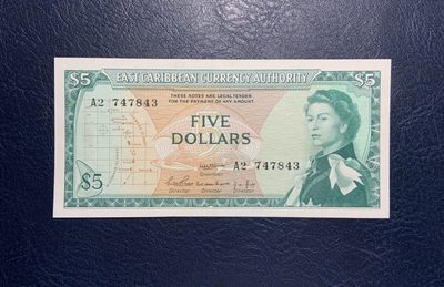 收藏联盟Quantum Auction 第232期拍卖 - 东加勒比国家1965年5元 品相AU- 无加盖冠字a版第一签 且为首发组A冠 十分稀少 