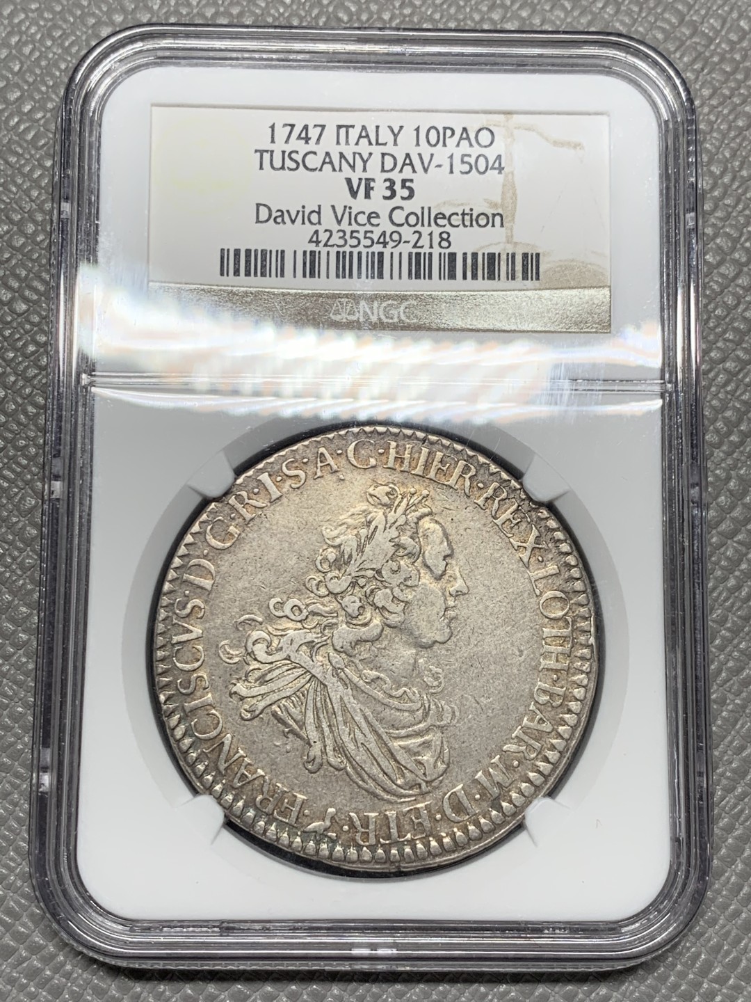《竞宝斋》第134场-周日，周一连拍 (全场包邮) NGC-VF35意大利托斯卡纳10Paoli银币，神罗皇帝弗朗茨一世，单年份版别，NGC仅三个出分，亚军分，灰色包浆光泽均匀，David Vice名家旧藏
