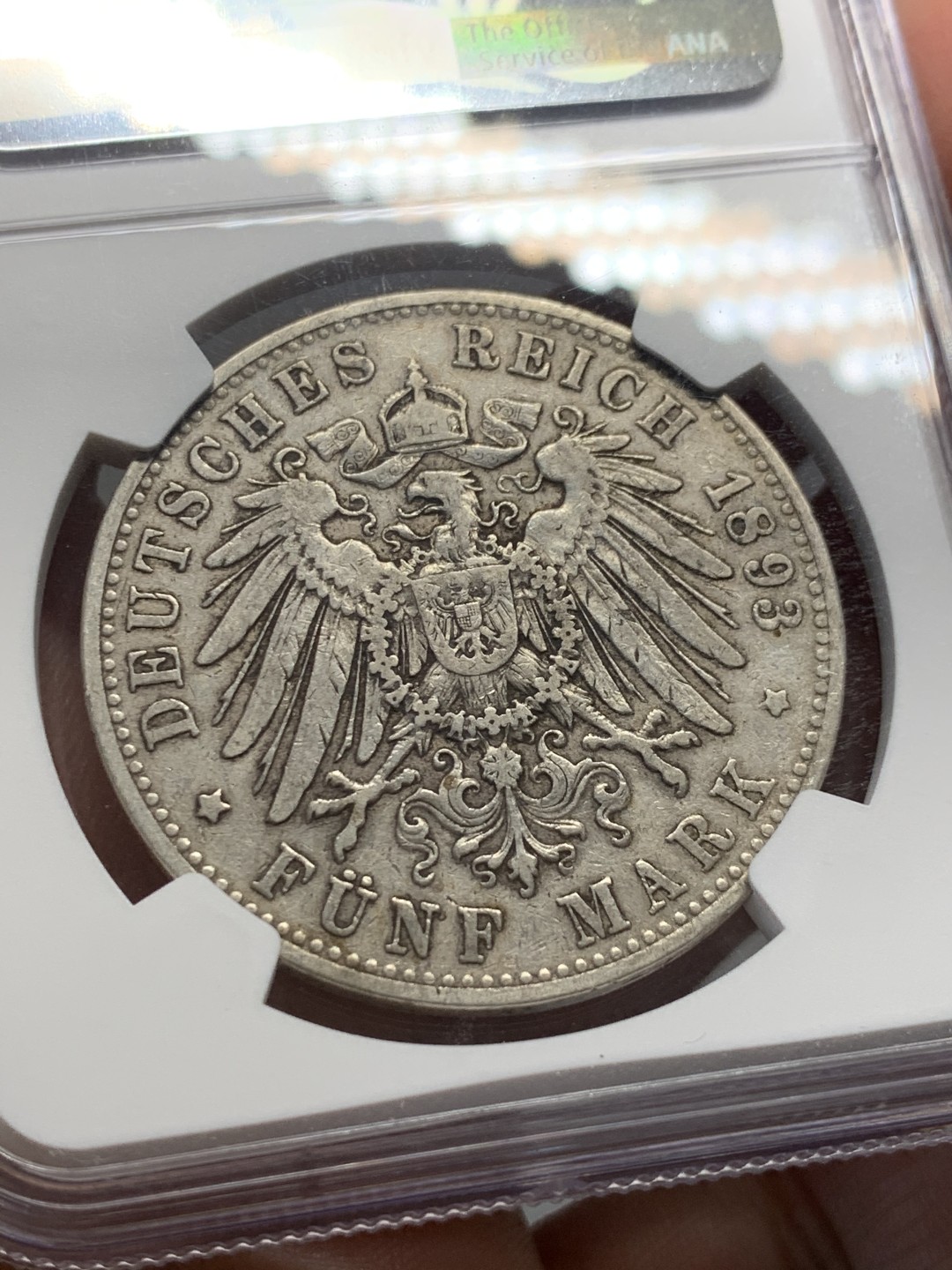 《竞宝斋》第135场-周日，周一连拍 (全场包邮) NGC-XF45 德国 1893年 汉堡双狮5马克银币 早期年份留存稀少，出分不易，45已是季军分