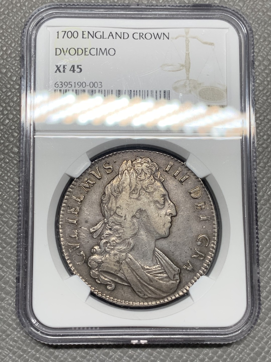 《竞宝斋》第135场-周日，周一连拍 (全场包邮) NGC-XF45 英国1700年 威廉三世1克朗大银币 原味三百年老包浆 非常漂亮