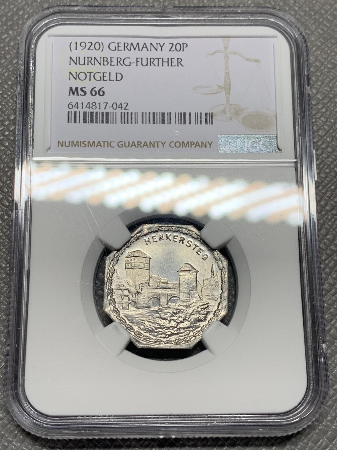 《竞宝斋》第135场-周日，周一连拍 (全场包邮) NGC MS66 德国 纽伦堡 1920年 紧急状态币 20盆尼 车轮光十足