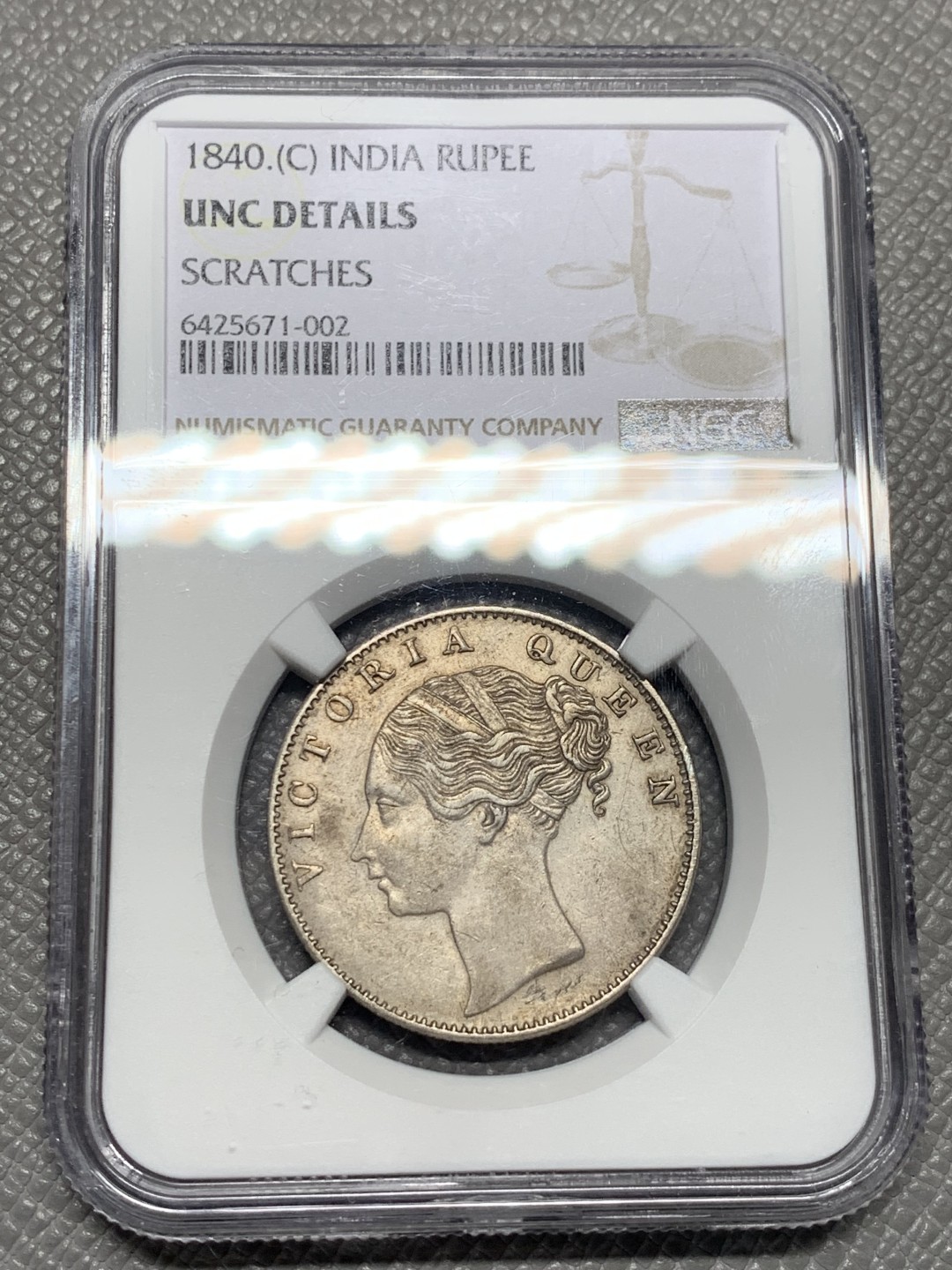 《竞宝斋》第135场-周日，周一连拍 (全场包邮) NGC UNC 1840C英属印度维多利亚单辫卢比 原味包浆 转光完好