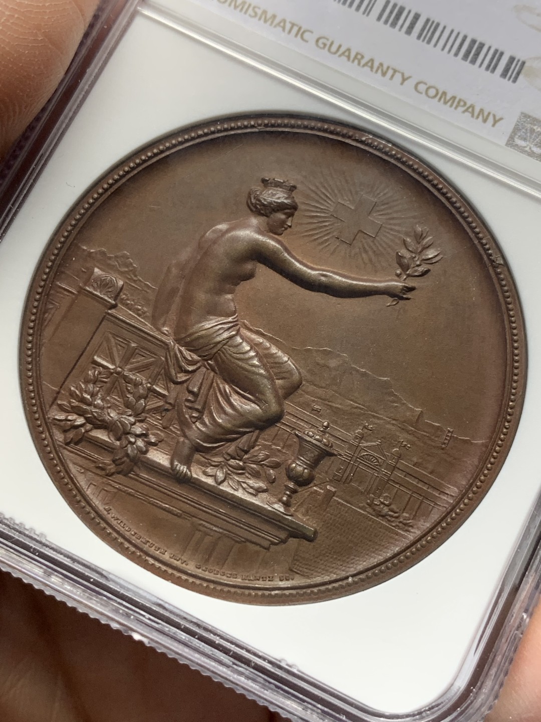 《竞宝斋》第135场-周日，周一连拍 (全场包邮) NGC MS62 1895年瑞士温特图尔射击节铜章 质感温润