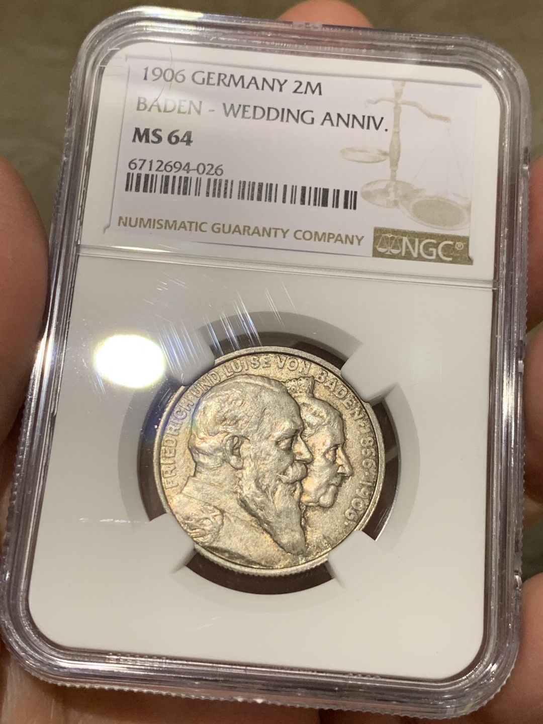 《竞宝斋》第135场-周日，周一连拍 (全场包邮) NGC-MS64 德国巴登1906年金婚纪念2马克银币 五彩包浆 赏心悦目