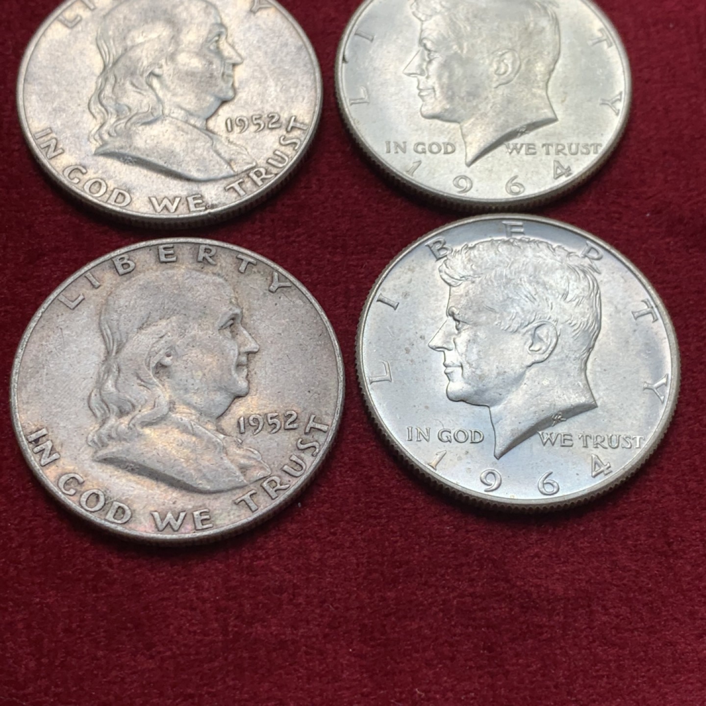 《竞宝斋》第135场-周日，周一连拍 (全场包邮) 美国900银 银币4枚 2枚富兰克林半美元，2枚肯尼迪半美元 单枚12.5克 都是高银版 合计50克900银