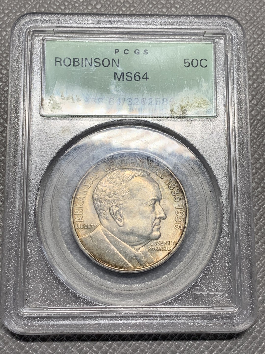 《竞宝斋》第135场-周日，周一连拍 (全场包邮) PCGS MS64 美国 1936年 阿肯色州 约瑟夫·T·罗宾森半圆纪念银币 P盒老绿盒 淡彩 严评 第108场PC64分白币1760元成交（不含佣）