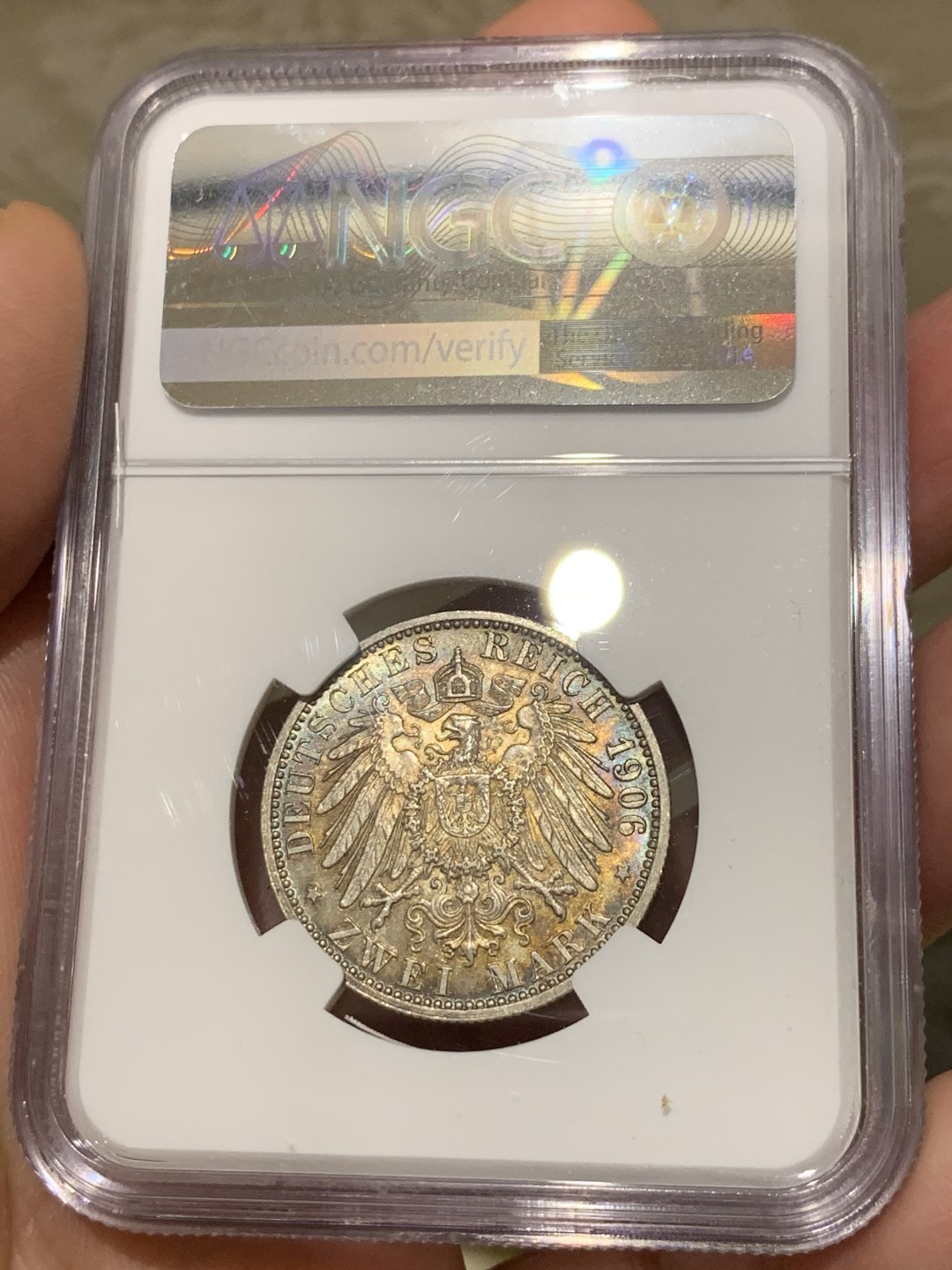 《竞宝斋》第135场-周日，周一连拍 (全场包邮) NGC-MS64 德国巴登1906年金婚纪念2马克银币 五彩包浆 赏心悦目