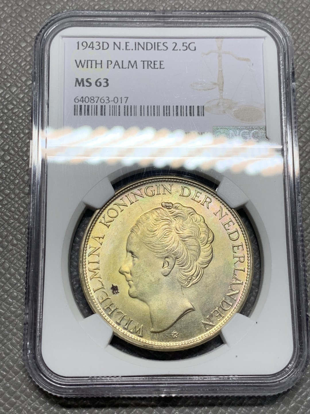 《竞宝斋》第135场-周日，周一连拍 (全场包邮) NGC-MS63 荷属东印度1943年 威廉米娜女王2.5盾大银币 殖民地的币都涨的凶