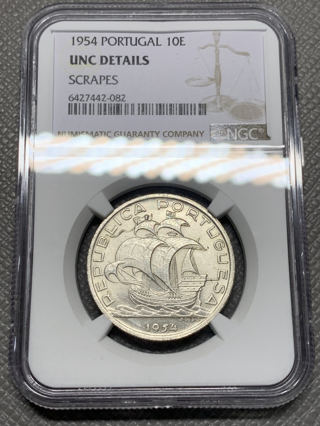 《竞宝斋》第135场-周日，周一连拍 (全场包邮) NGC-UNC 葡萄牙1954年 大帆船10埃斯库多银币 顶级原光好品