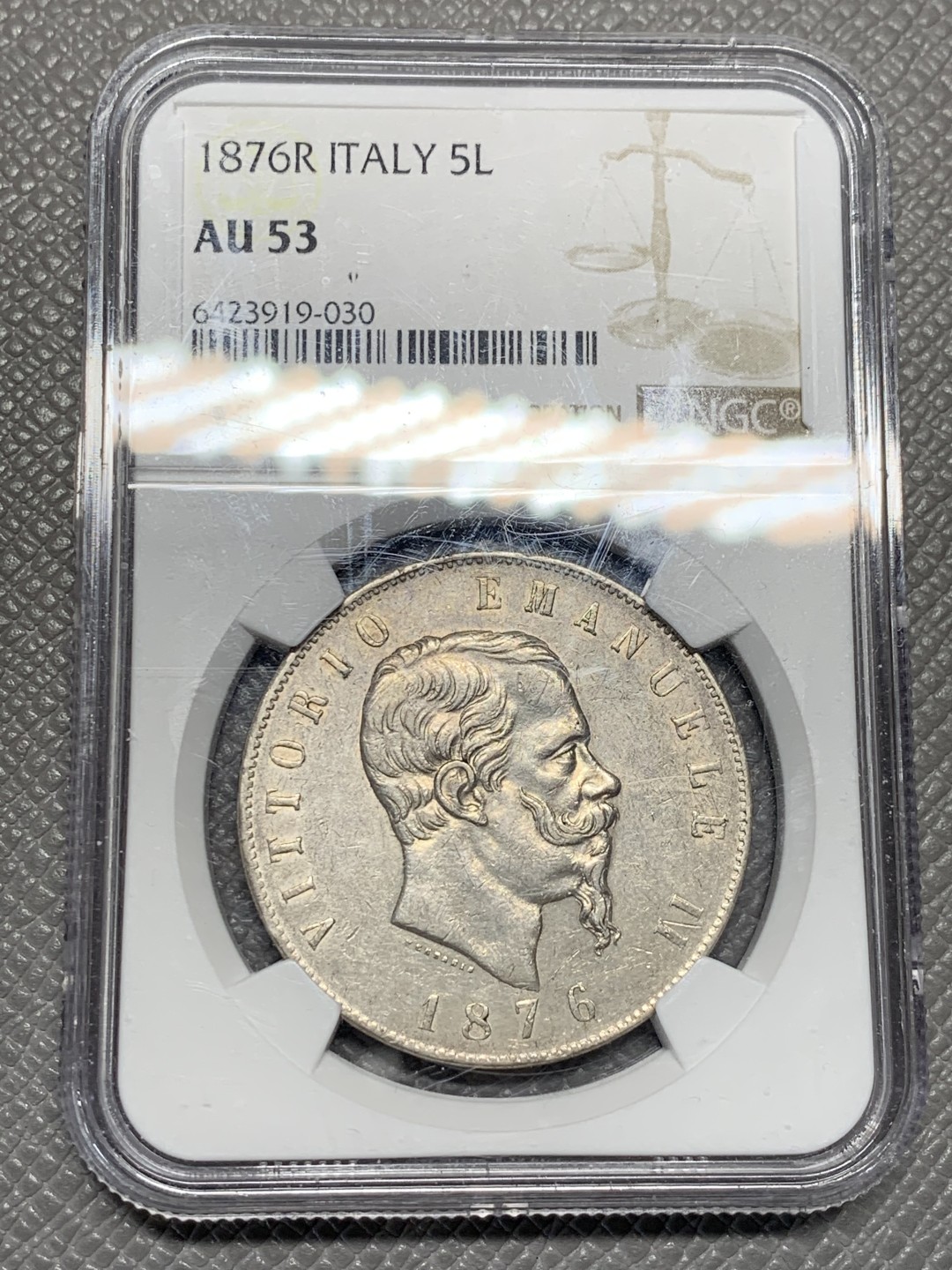 《竞宝斋》第135场-周日，周一连拍 (全场包邮) NGC-AU53 意大利 1876年 伊曼纽尔 5里拉 大银币