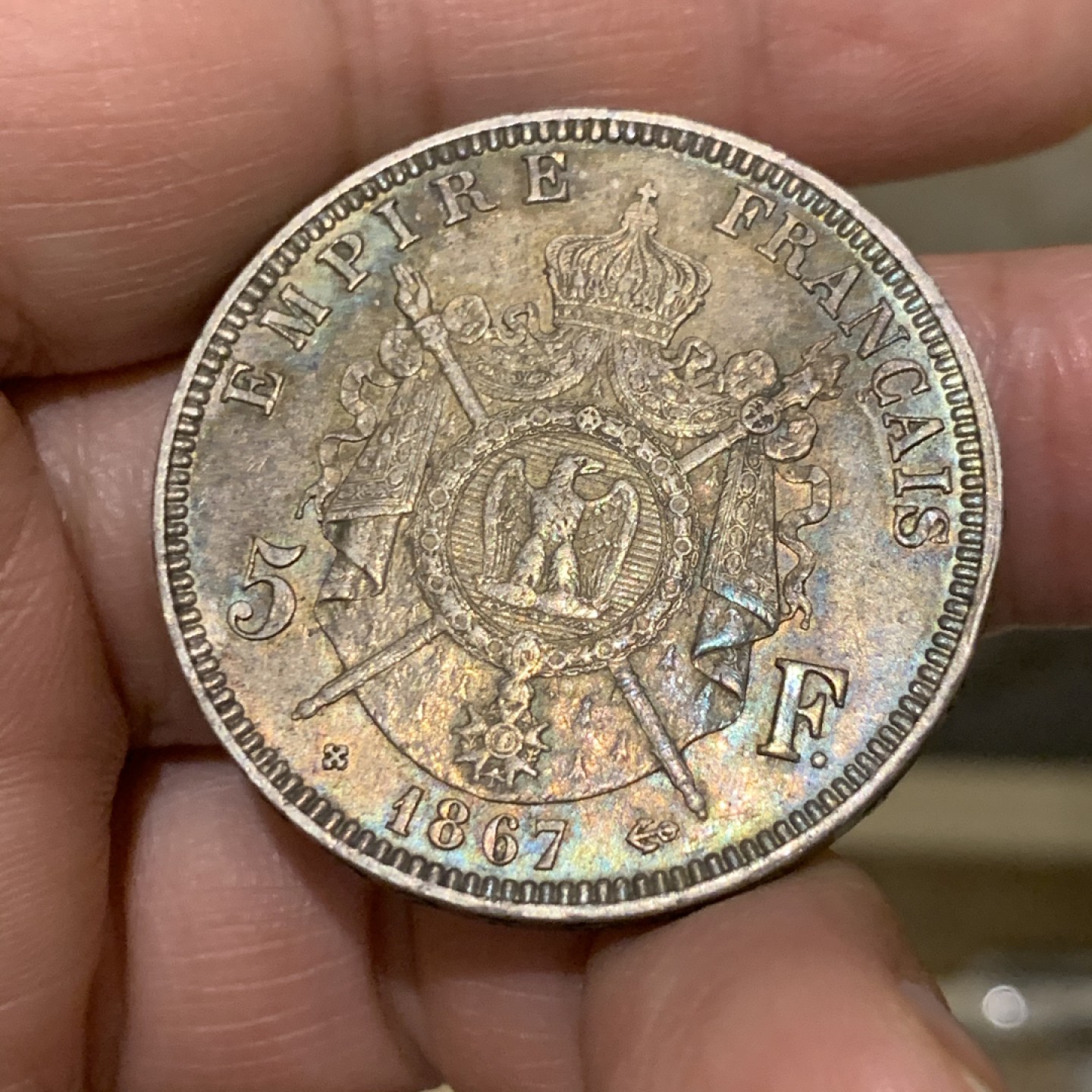 《竞宝斋》第135场-周日，周一连拍 (全场包邮) 法国 1867年 拿三 5法郎 大银币 正面好细节 背面深彩包浆 难得状态