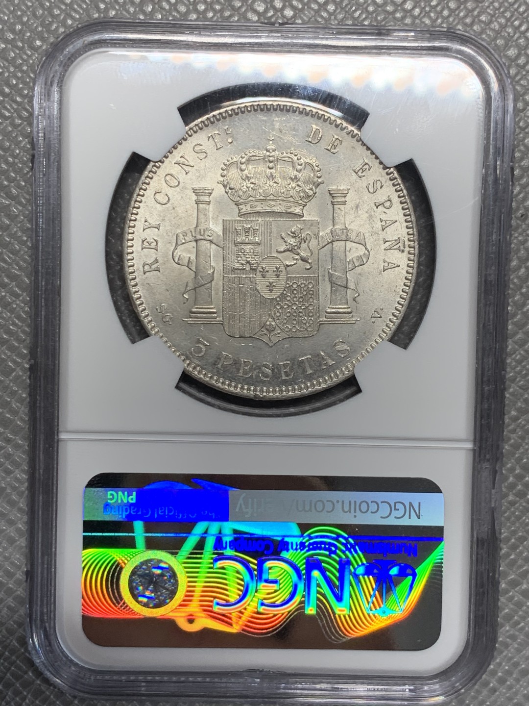 《竞宝斋》第135场-周日，周一连拍 (全场包邮) NGC MS63 西班牙 1898年 阿方索十三世 5 比塞塔 银币 十字车轮光 极美