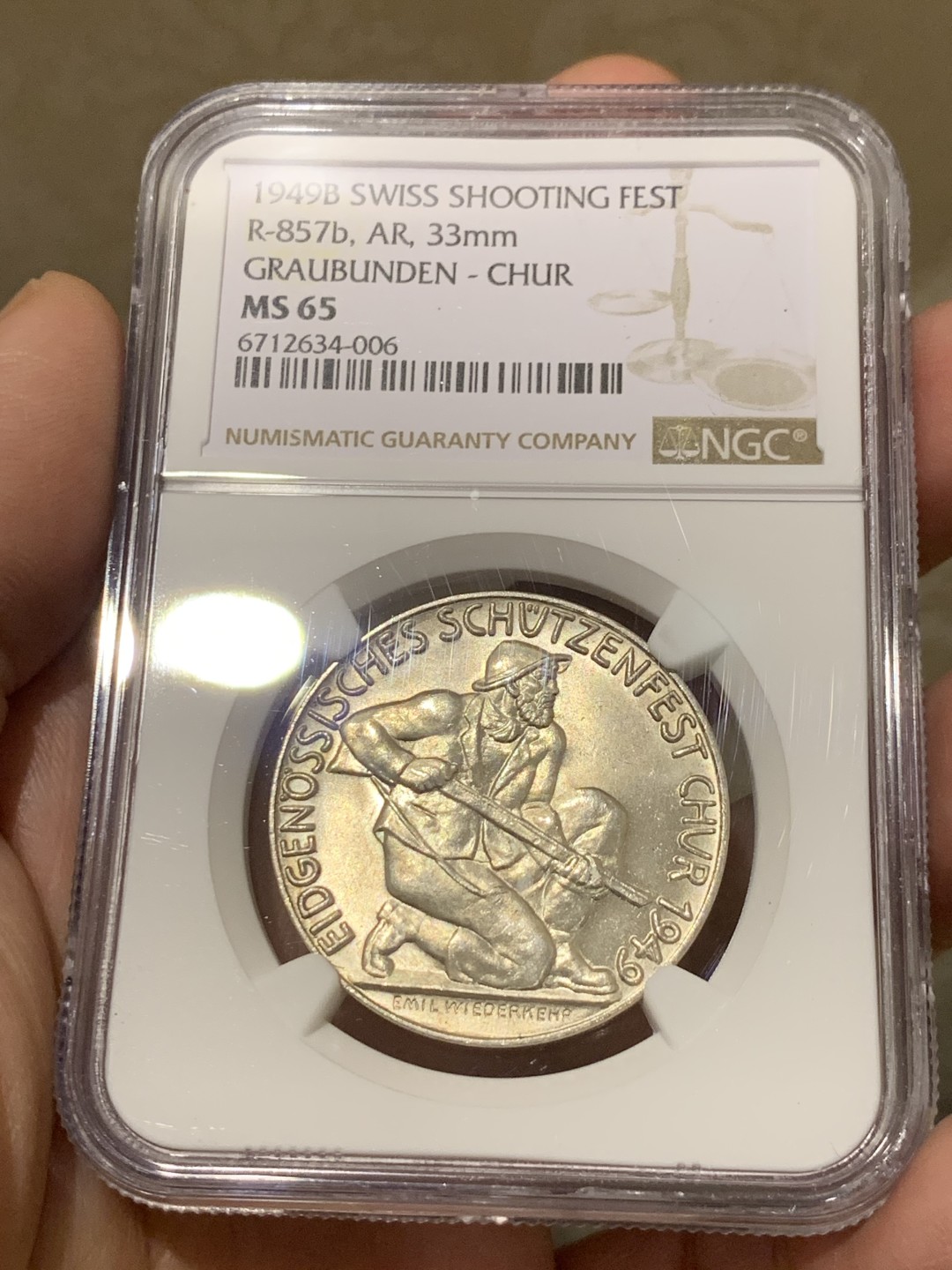 《竞宝斋》第135场-周日，周一连拍 (全场包邮) NGC-MS65 瑞士1949年射击节纪念银章 少见品种