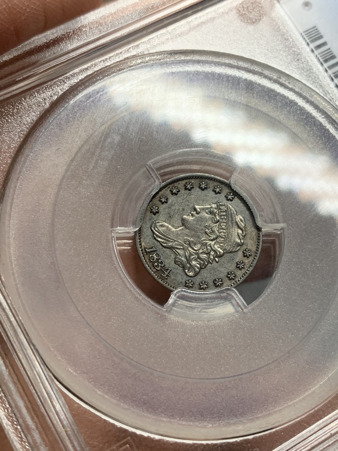 《竞宝斋》第135场-周日，周一连拍 (全场包邮) PCGS AU55 美国 1834年 5分银币 齿边 P厂 美早期少而精 精而贵品种 发行量仅148万 PC往上仅9枚 美系币中罕见咯 该枚PC指导价3177元 58分2002年Goldberg Auctioneers成交价8849元 64分HA2017年80000元