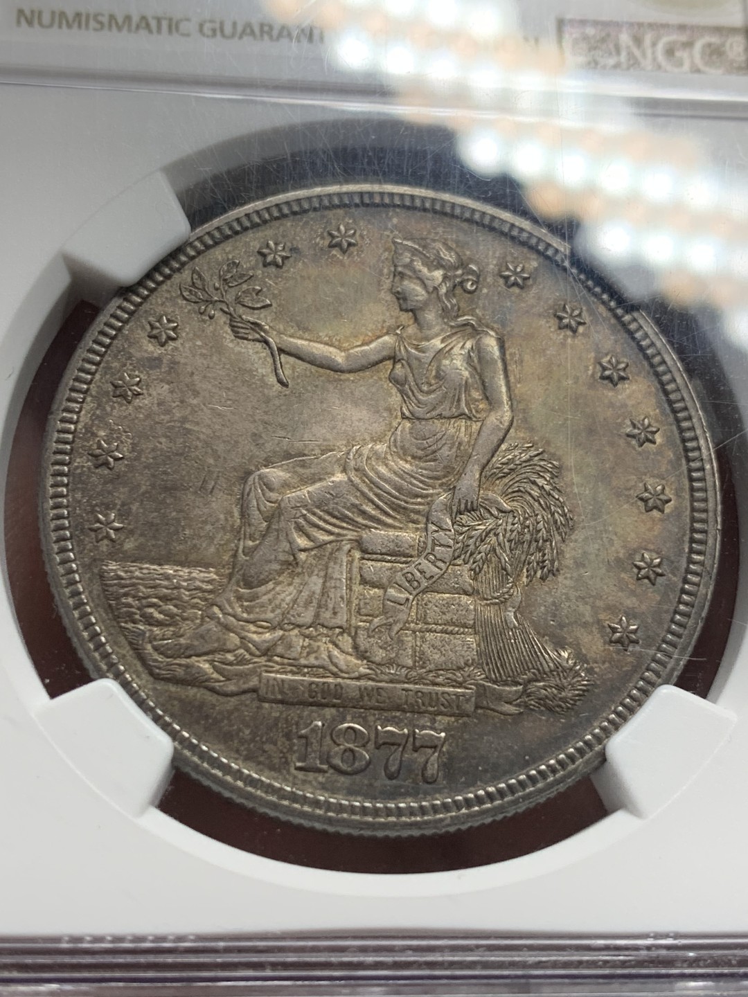 《竞宝斋》第135场-周日，周一连拍 (全场包邮) NGC-AU58 美国 1877年 1美元 拿花贸易银 恰到好处的包浆 极其舒服