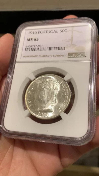《竞宝斋》第135场-周日，周一连拍 (全场包邮) NGC-MS63 葡萄牙1916年 50分自由女神半圆银币