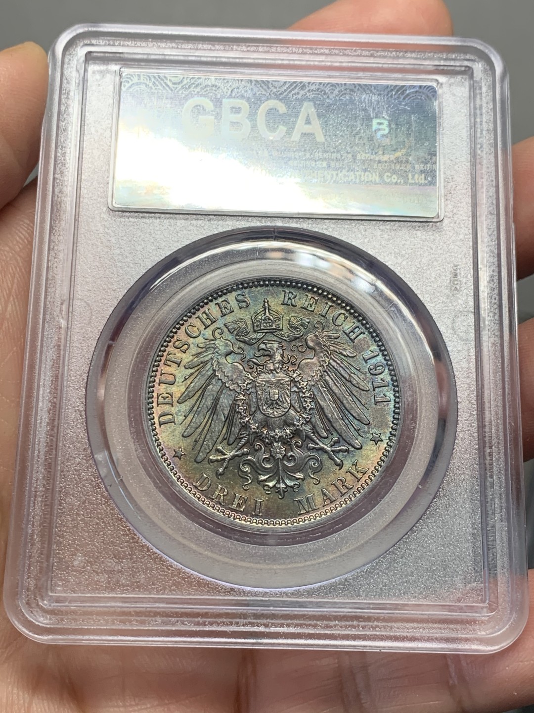 《竞宝斋》第135场-周日，周一连拍 (全场包邮) 公博MS64 1911年德国 汉堡 双狮3马克 银币 五彩包浆