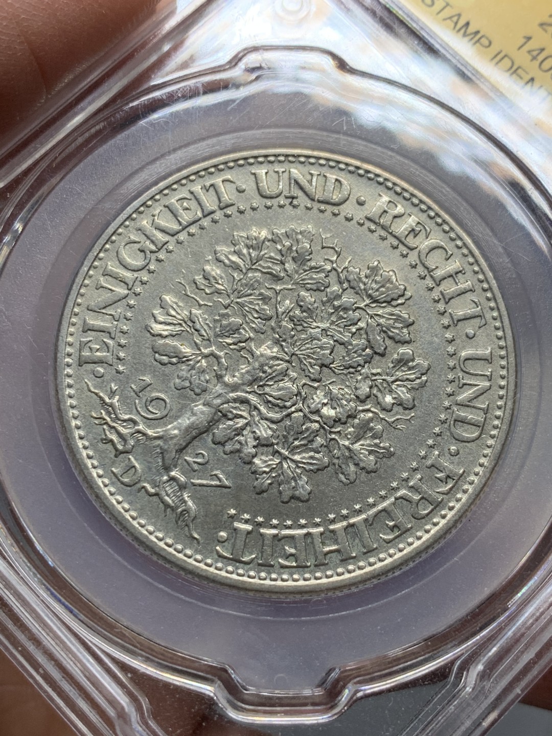 《竞宝斋》第135场-周日，周一连拍 (全场包邮) 信泰-AU55 德国 1927年橡树 5马克银币