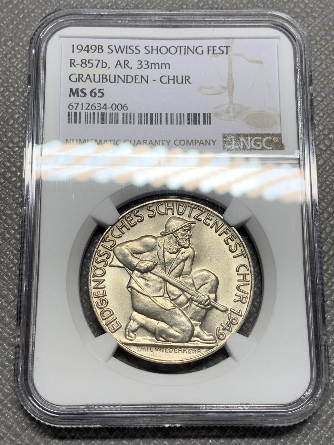 《竞宝斋》第135场-周日，周一连拍 (全场包邮) NGC-MS65 瑞士1949年射击节纪念银章 少见品种