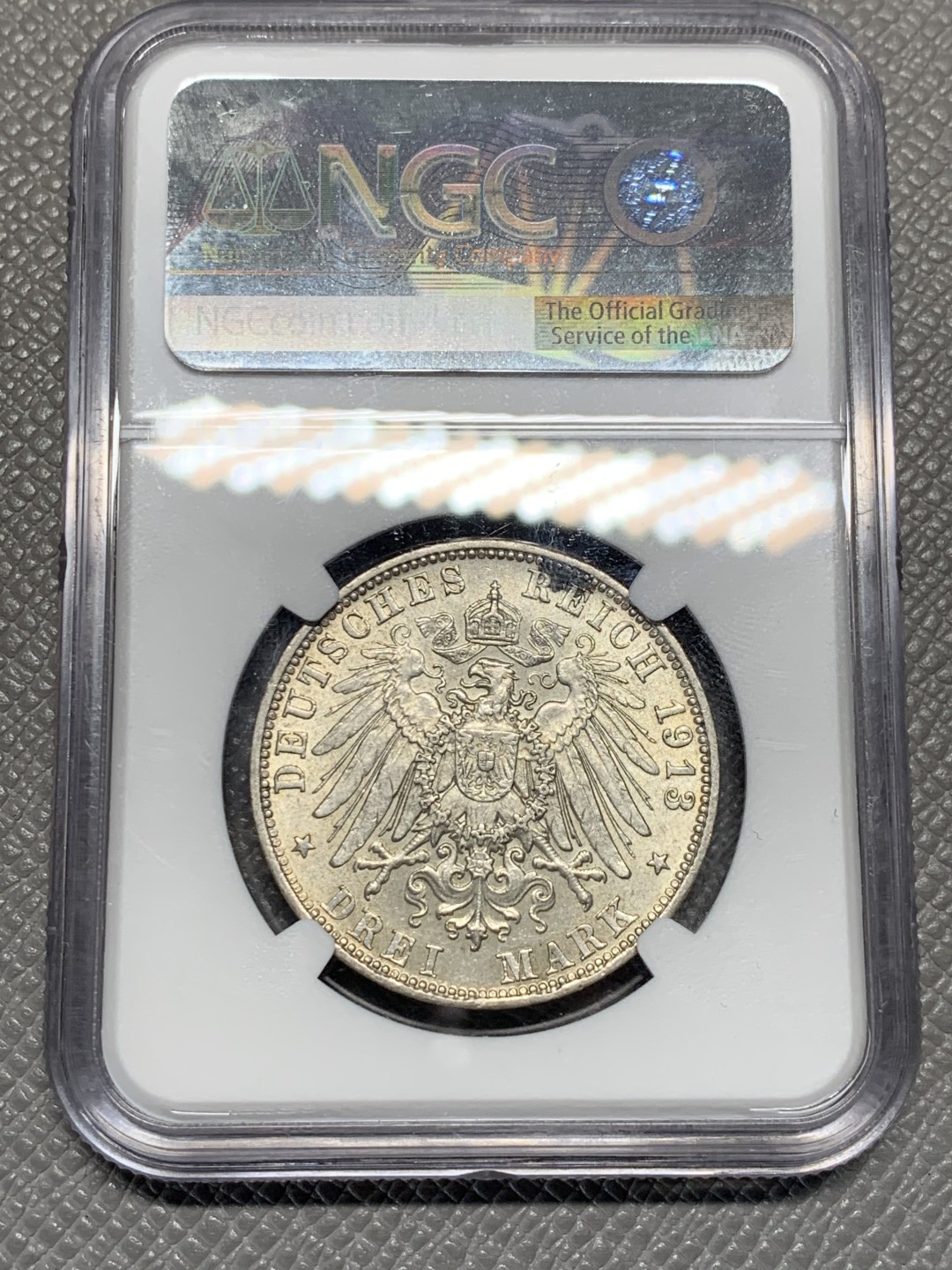 《竞宝斋》第135场-周日，周一连拍 (全场包邮) NGC MS63 德国 巴伐利亚 1913年 三马克 奥托 银币 漂亮 细节好