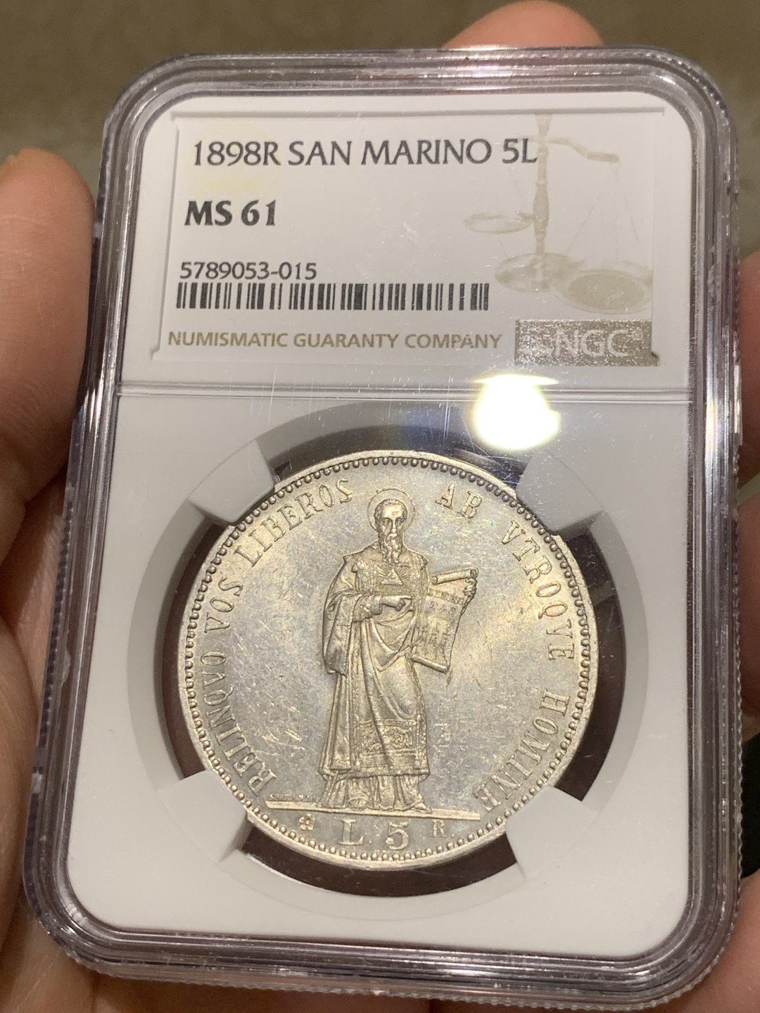 《竞宝斋》第135场-周日，周一连拍 (全场包邮) NGC MS61 圣马力诺 1898年R 5里拉 银币外拍热门品种