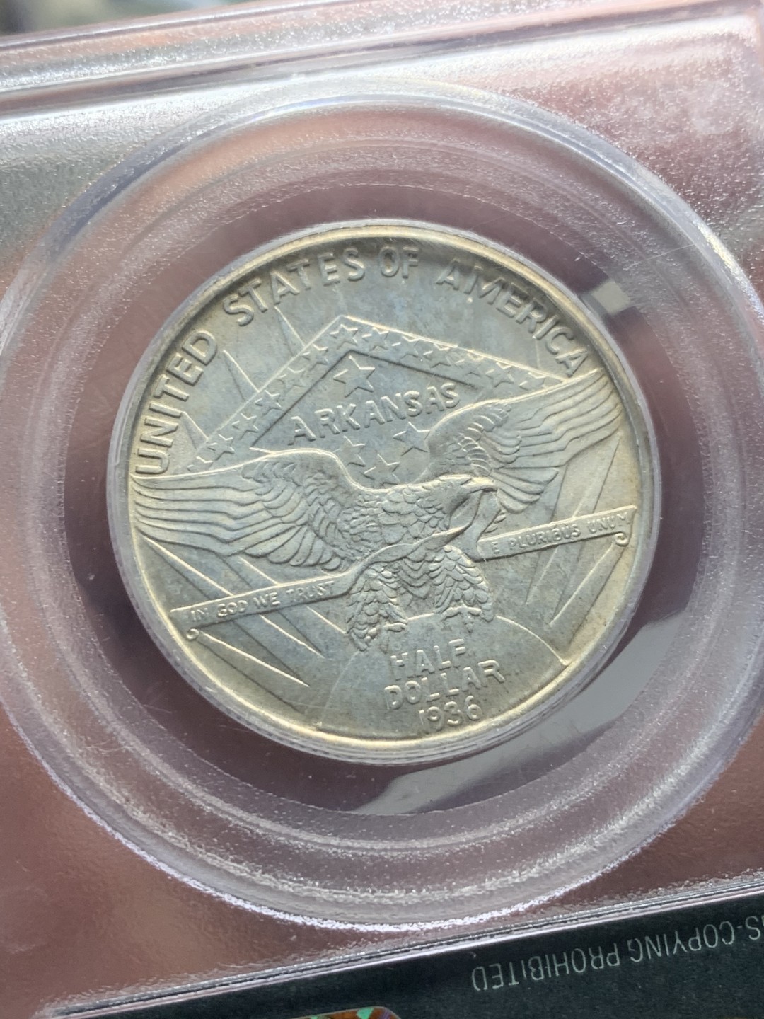 《竞宝斋》第135场-周日，周一连拍 (全场包邮) PCGS MS64 美国 1936年 阿肯色州 约瑟夫·T·罗宾森半圆纪念银币 P盒老绿盒 淡彩 严评 第108场PC64分白币1760元成交（不含佣）