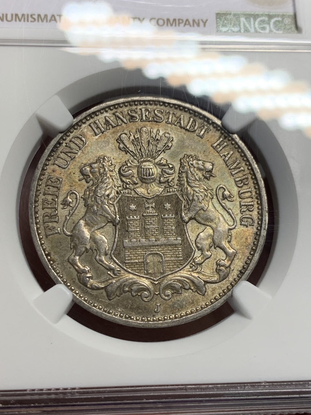 《竞宝斋》第135场-周日，周一连拍 (全场包邮) NGC-MS62 德国1911年 双狮盾牌3马克银币 淡彩