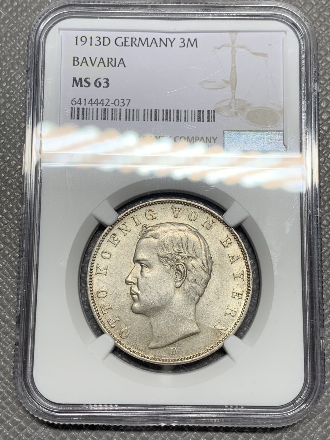 《竞宝斋》第135场-周日，周一连拍 (全场包邮) NGC MS63 德国 巴伐利亚 1913年 三马克 奥托 银币 漂亮 细节好