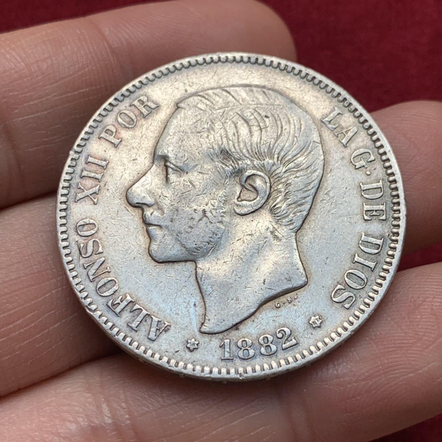 《竞宝斋》第135场-周日，周一连拍 (全场包邮) 西班牙1882年 阿方索十二世 青年版 5比塞塔 银币