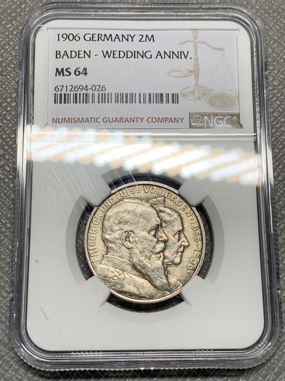 《竞宝斋》第135场-周日，周一连拍 (全场包邮) NGC-MS64 德国巴登1906年金婚纪念2马克银币 五彩包浆 赏心悦目