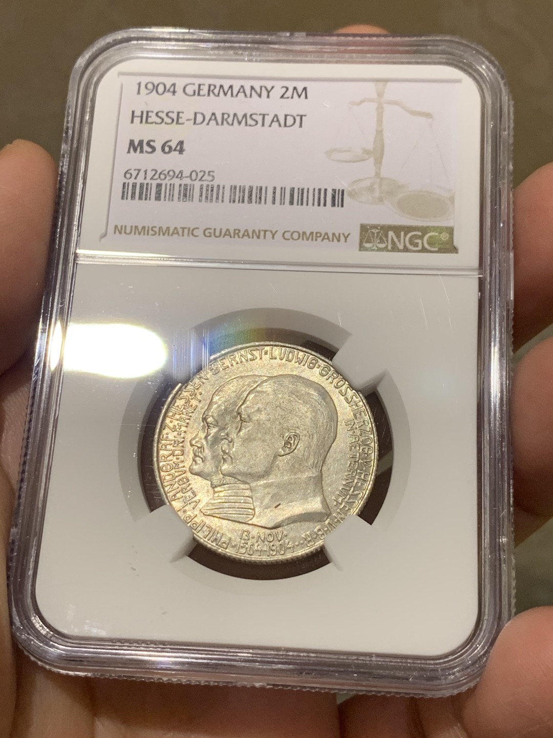 《竞宝斋》第135场-周日，周一连拍 (全场包邮) NGC-MS64 德国黑森1904年2马克银币 高品好细节