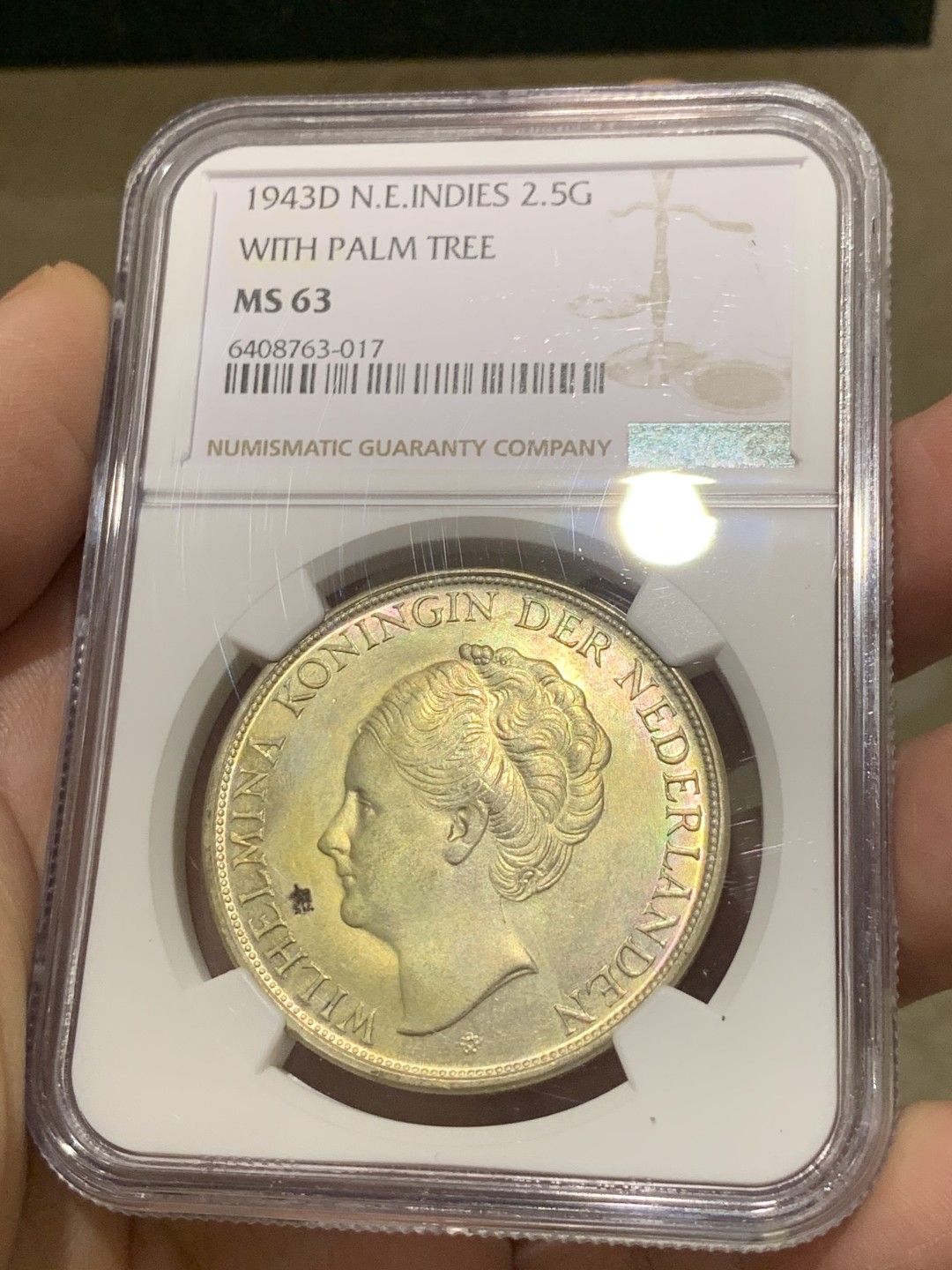 《竞宝斋》第135场-周日，周一连拍 (全场包邮) NGC-MS63 荷属东印度1943年 威廉米娜女王2.5盾大银币 殖民地的币都涨的凶