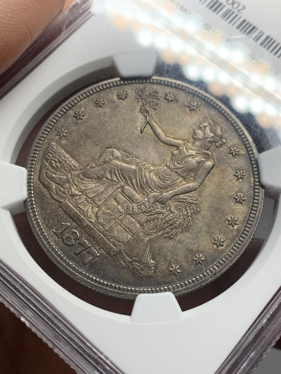 《竞宝斋》第135场-周日，周一连拍 (全场包邮) NGC-AU58 美国 1877年 1美元 拿花贸易银 恰到好处的包浆 极其舒服