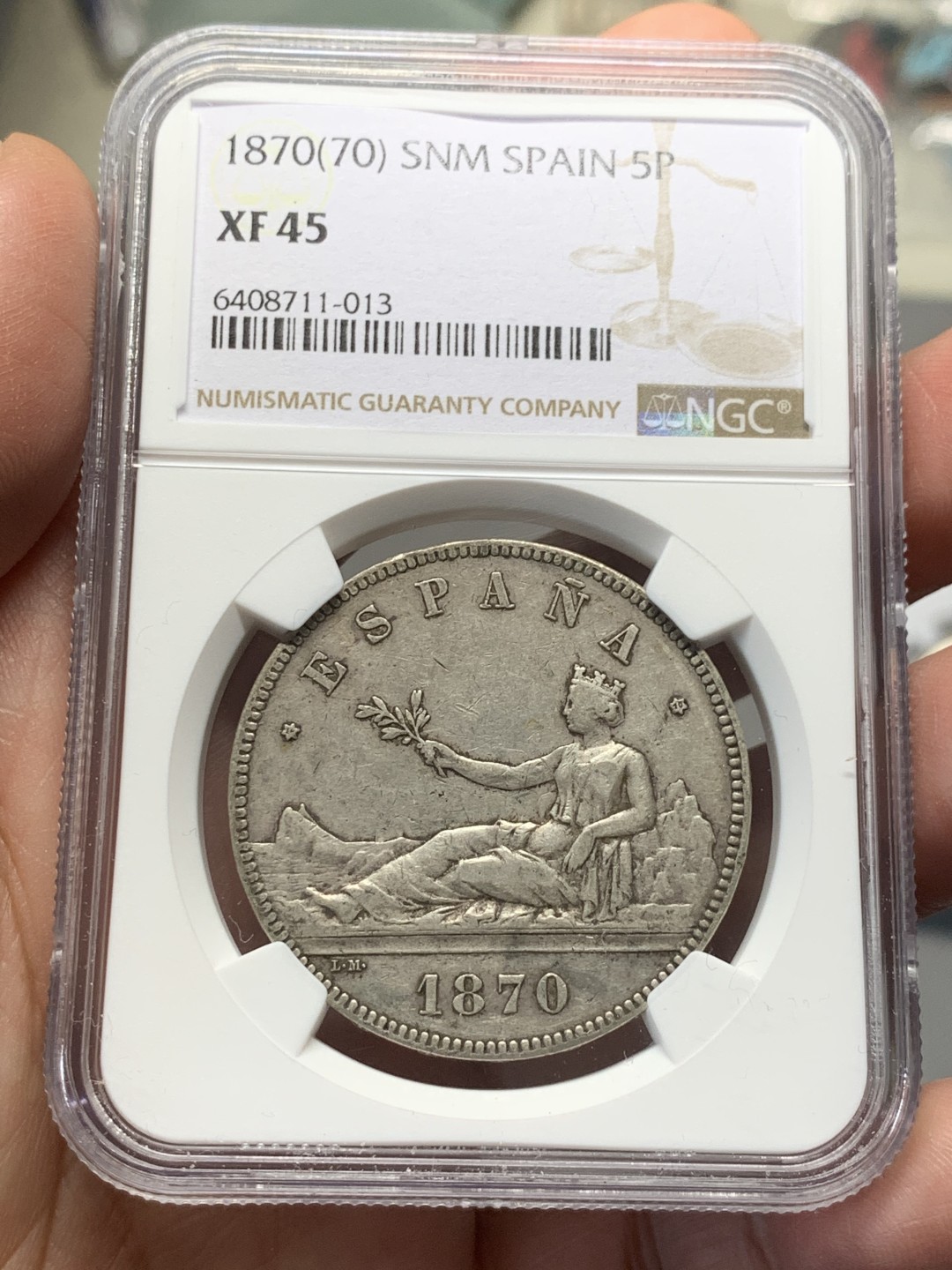 《竞宝斋》第135场-周日，周一连拍 (全场包邮) NGC-XF45 西班牙1870年 坐花5比塞塔双柱大银币 原味好品 出分难