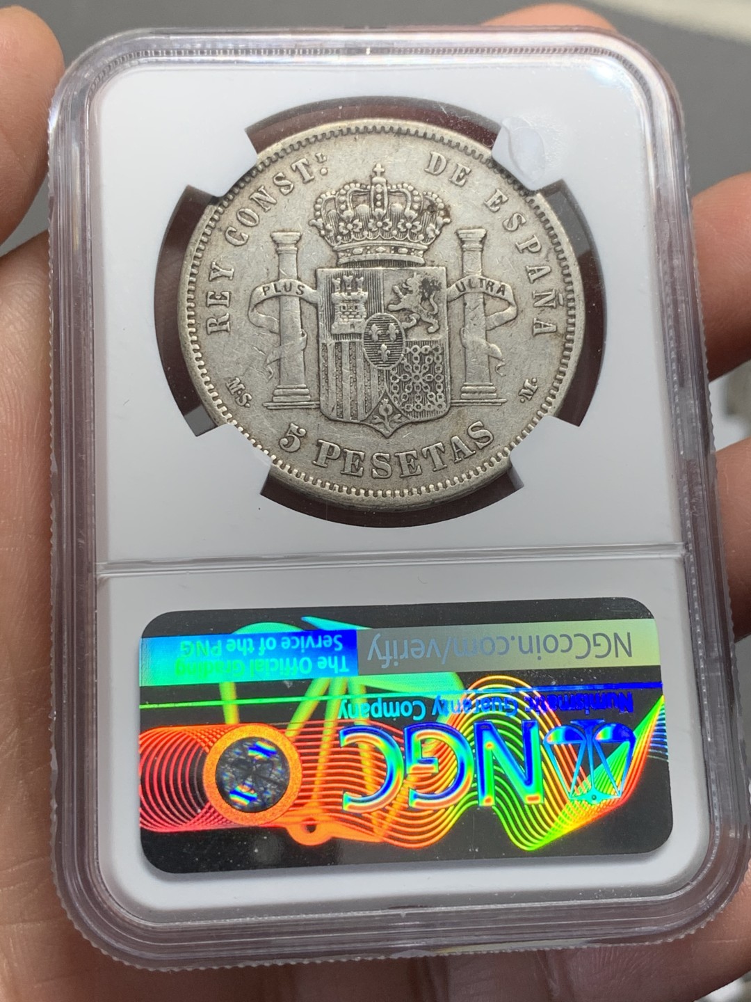 《竞宝斋》第135场-周日，周一连拍 (全场包邮) NGC-XF45 西班牙 1885(85)年 阿方索十二世5比塞塔银币 星星85比星星87版本稀少