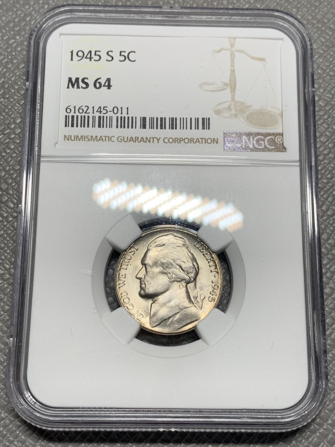 《竞宝斋》第135场-周日，周一连拍 (全场包邮) NGC-MS64 美国 1945年 杰弗逊战时5美分（含银版，仅1942-1945战时版含银）