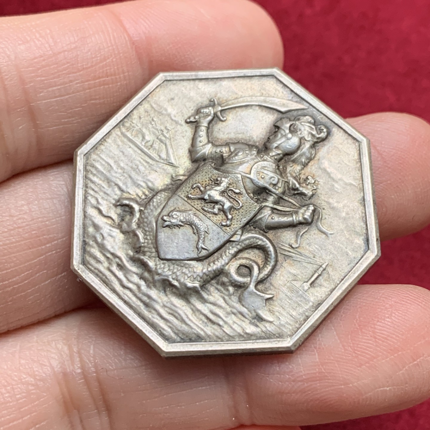 《竞宝斋》第135场-周日，周一连拍 (全场包邮) 法国1880-1898  人鱼武士 银制八角JETON 29.48克 36.2mm 丰饶角 银标