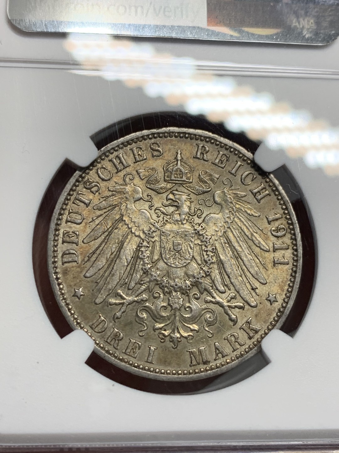 《竞宝斋》第135场-周日，周一连拍 (全场包邮) NGC-MS62 德国1911年 双狮盾牌3马克银币 淡彩