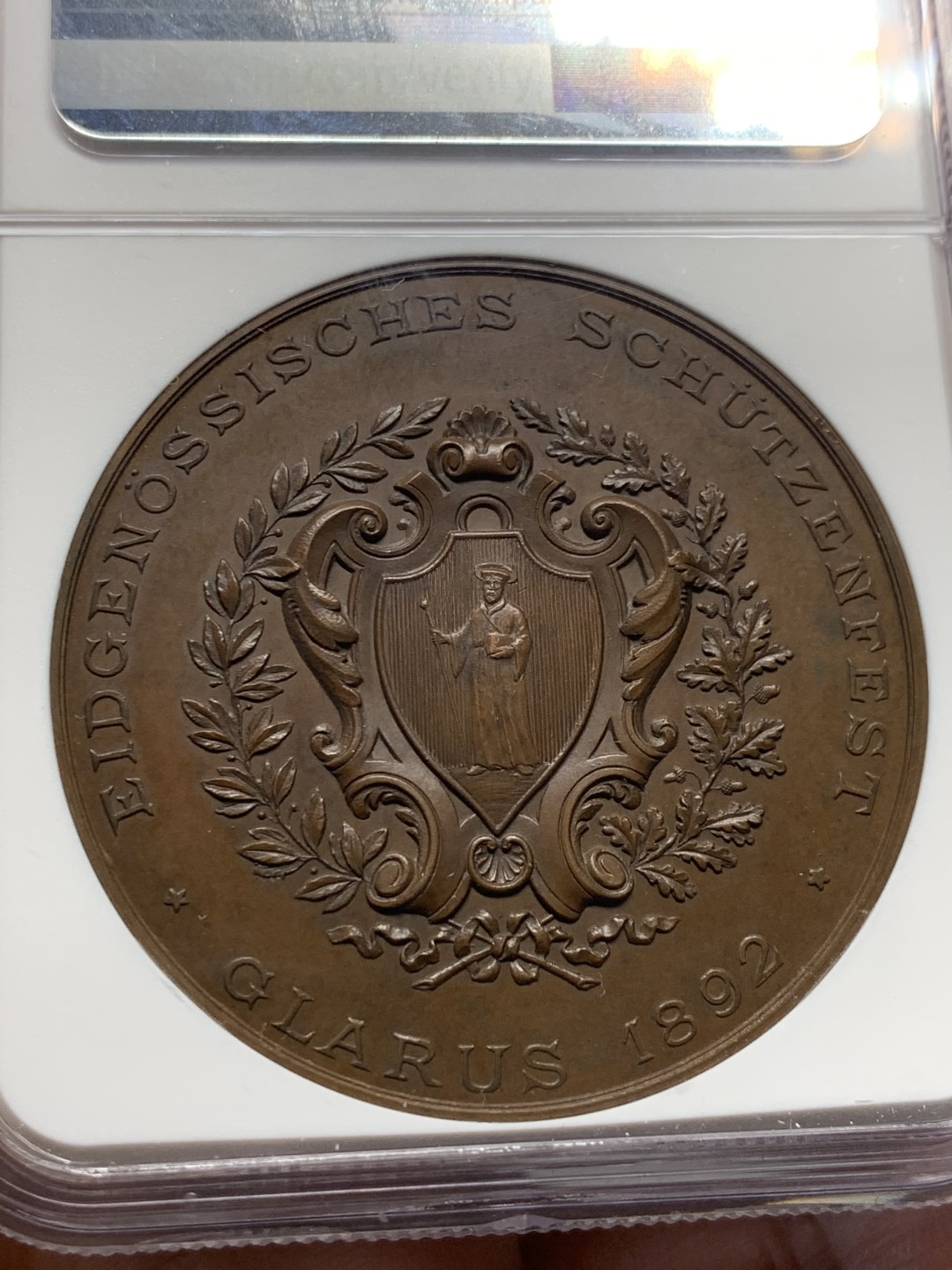 《竞宝斋》第135场-周日，周一连拍 (全场包邮) NGC MS63 瑞士 1892年 格拉鲁斯射击节 铜章 高点具在 巧克力包浆 品质可见