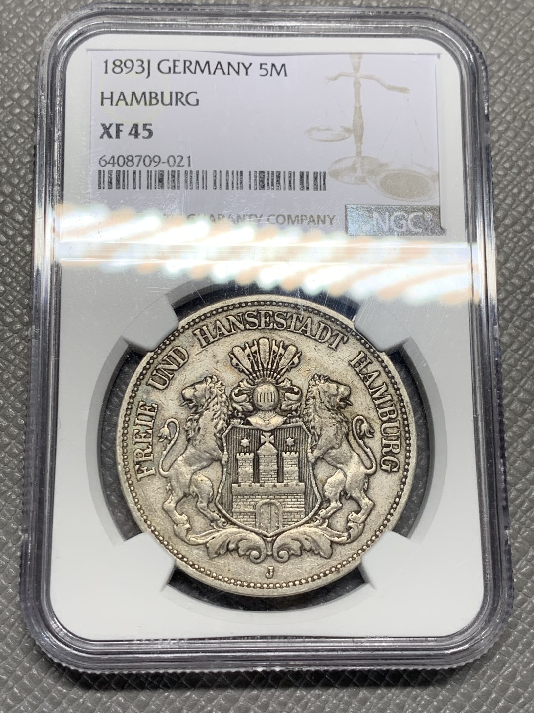 《竞宝斋》第135场-周日，周一连拍 (全场包邮) NGC-XF45 德国 1893年 汉堡双狮5马克银币 早期年份留存稀少，出分不易，45已是季军分