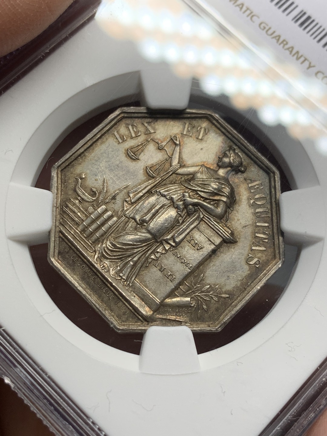 《竞宝斋》第135场-周日，周一连拍 (全场包邮) NGC MS64 法国 1851年 杜艾公证处 银质八角代币