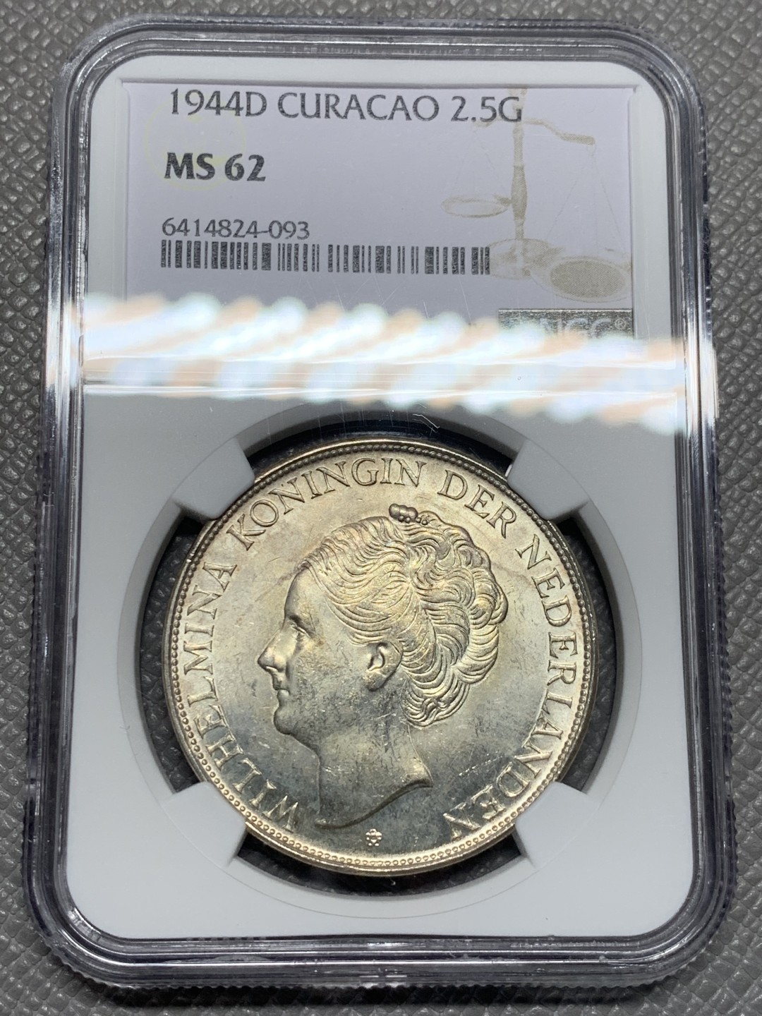 《竞宝斋》第135场-周日，周一连拍 (全场包邮) NGC-MS62 荷属库拉索群岛 1944年 威廉米娜女王2.5盾 大银币 殖民地银币稀少