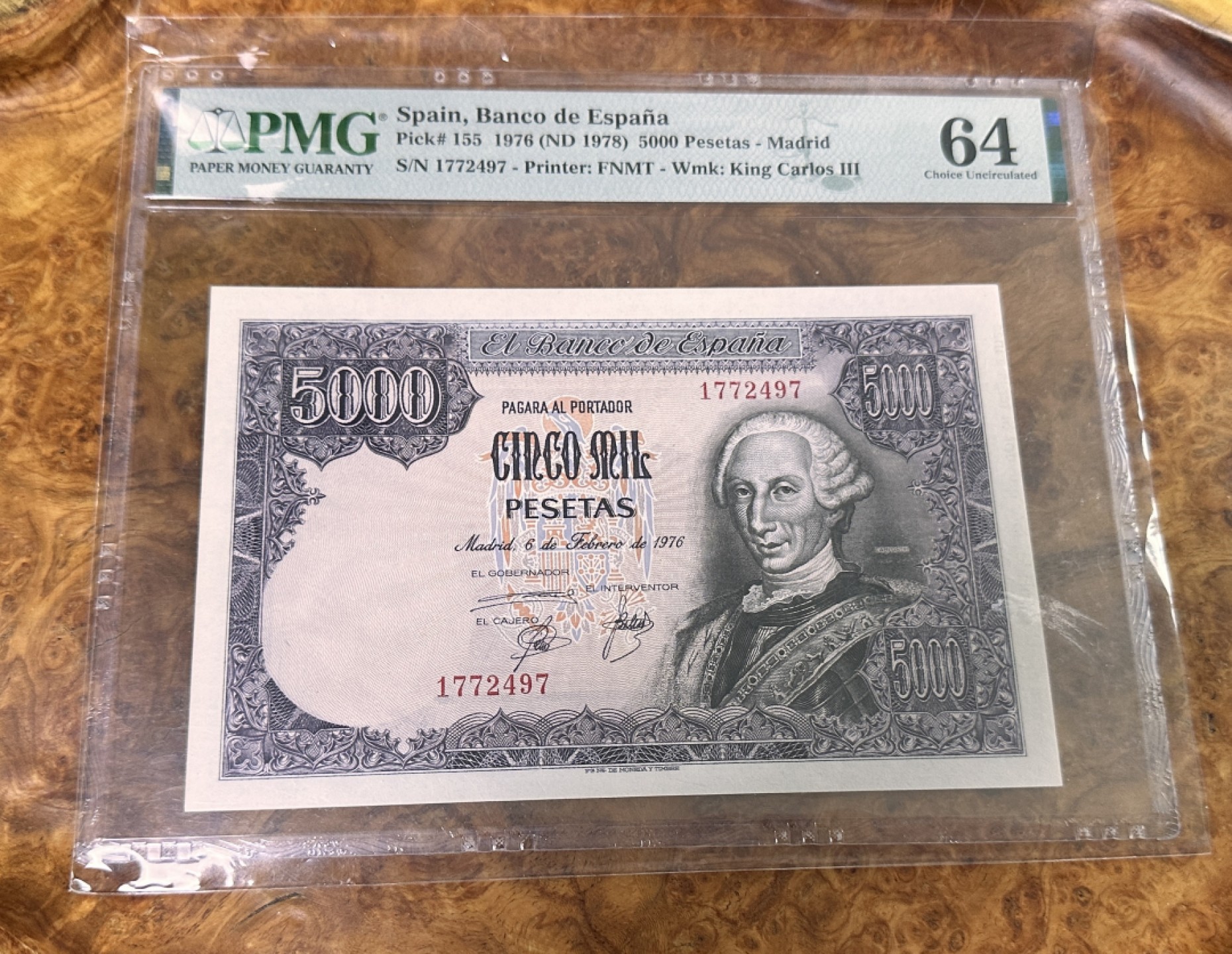 Chase Auction 第17期 - - 外钞、民国钞和人民币混合场！（临时有事，推迟到20号） 1976年西班牙5000比塞塔，PMG64！