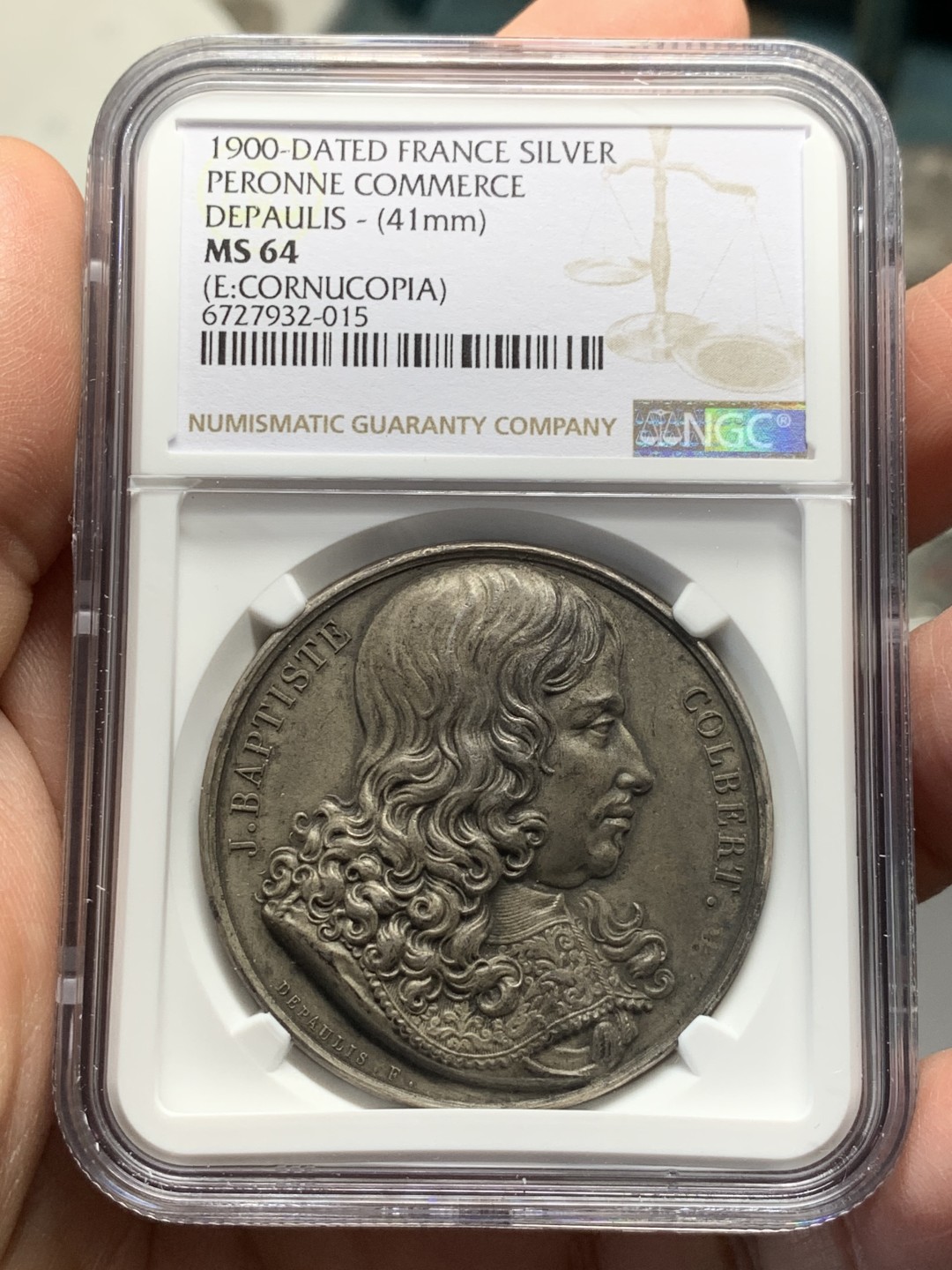 《竞宝斋》第135场-周日，周一连拍 (全场包邮) NGC MS64 法国 1900 佩隆商业区高浮雕 银章细致卷发